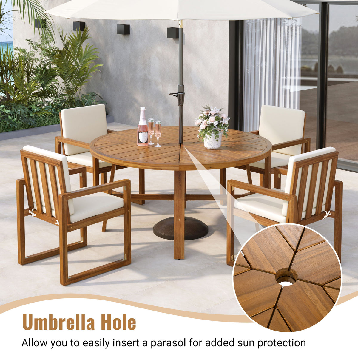 5 Piece Outdoor Patio Dining Set With 4 Armchairs And Table - Beige