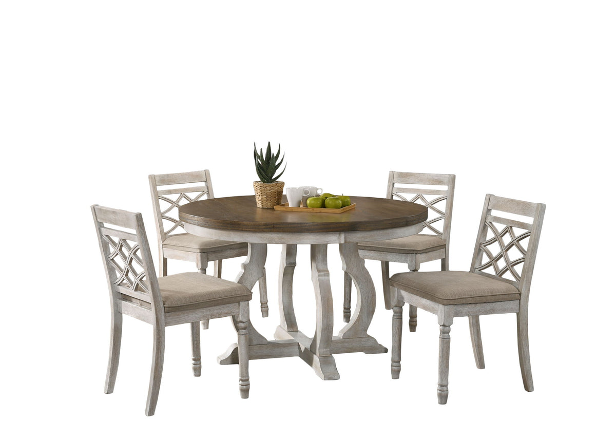 Havanna - 5 Piece Wide Round Dining Table With Off White Chairs (Set of 5) - Vintage Walnut
