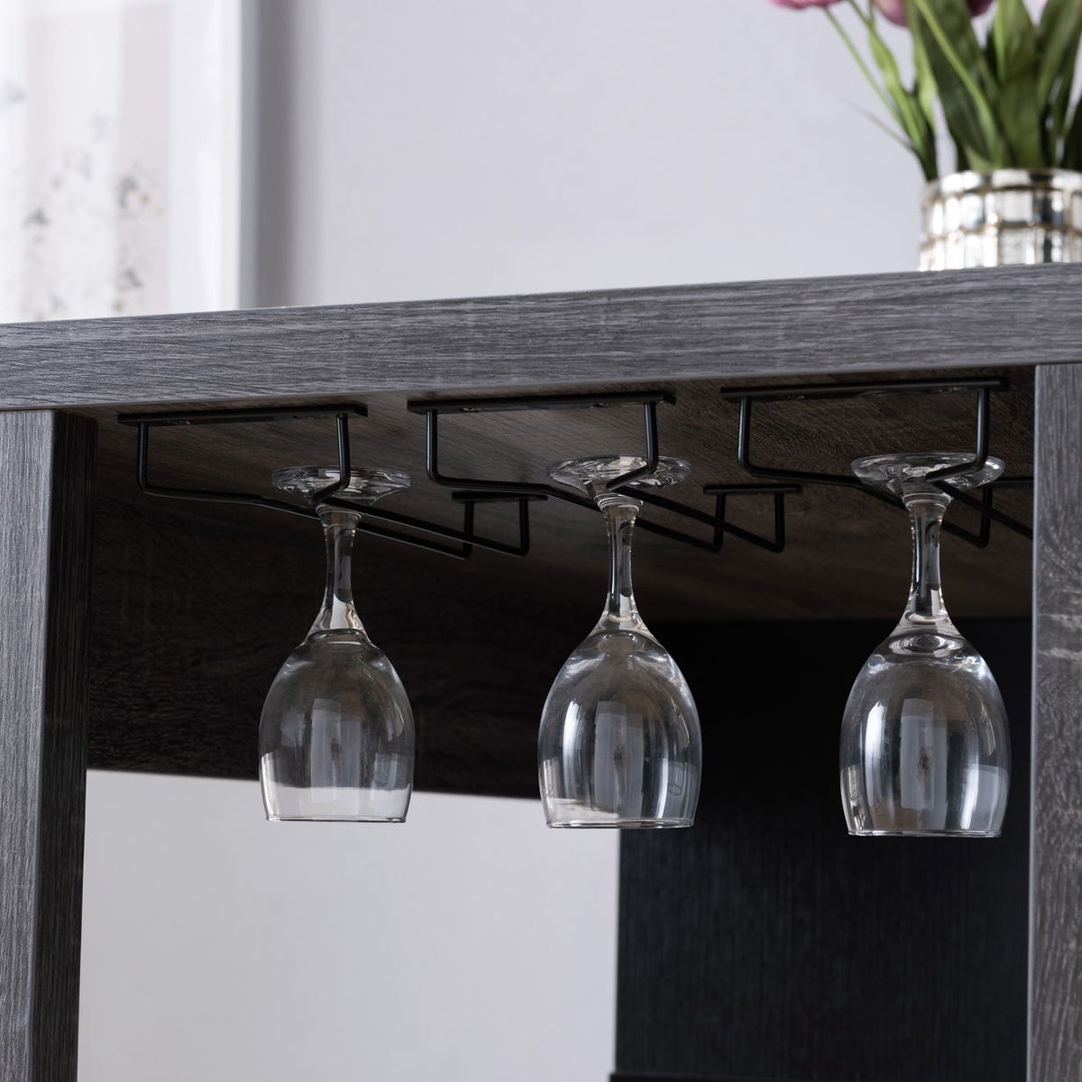 Home Bar Table With Wine Glass Compartment And Three Shelves - Gray