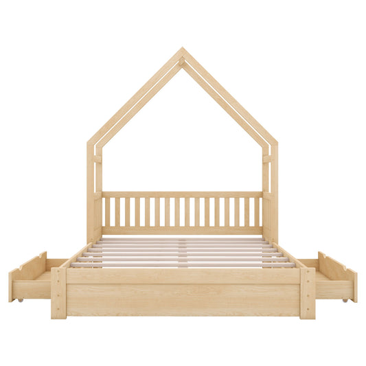 House Style Platform Bed With Guardrail And 2 Drawers