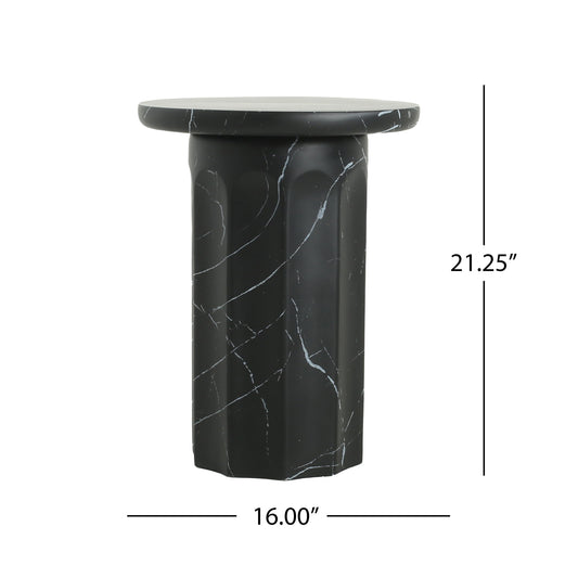 Outdoor Lightweight Concrete BMarble Effect Side Table, Living Room End Table - Black / Marble