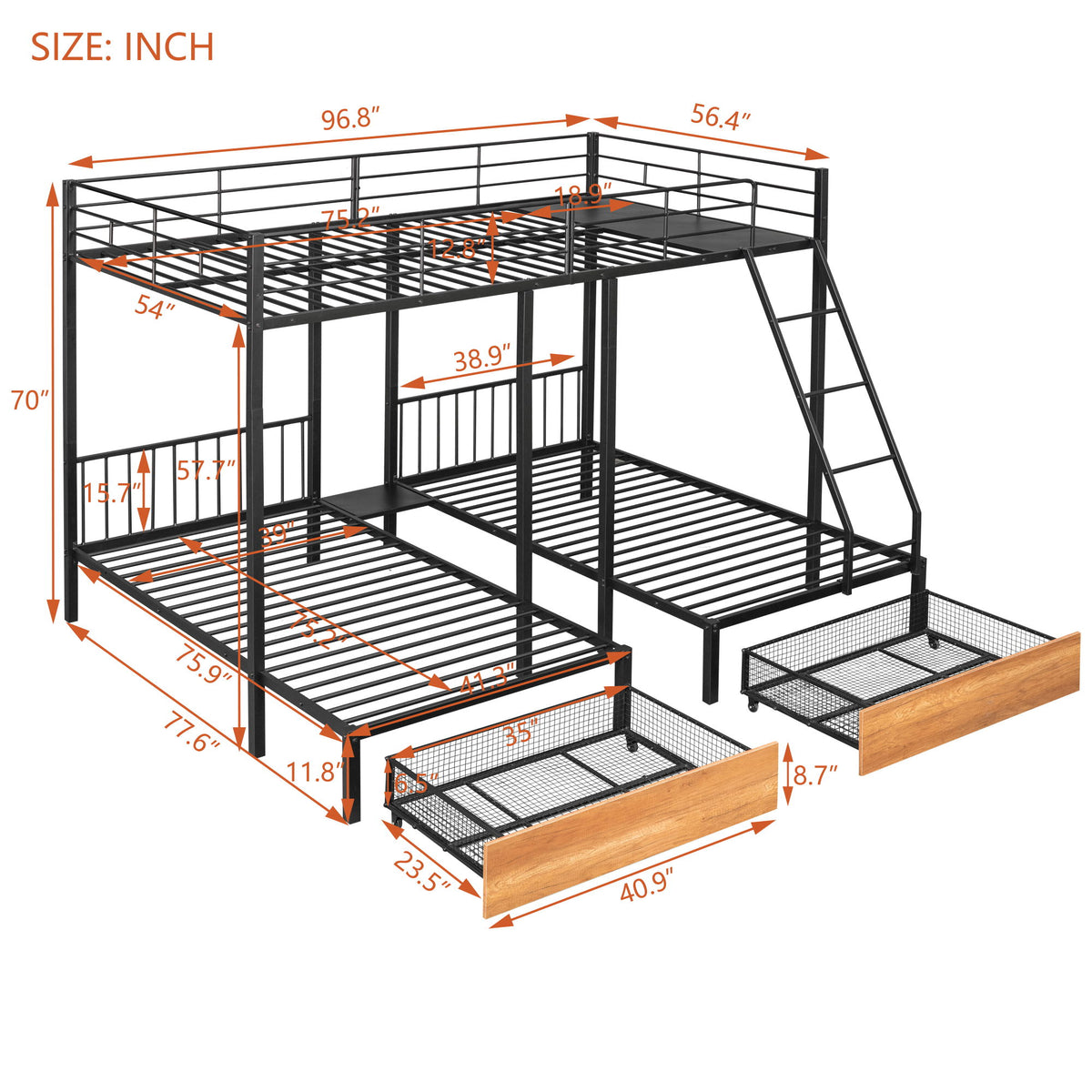 Triple Bunk Bed With Drawers And Guardrails