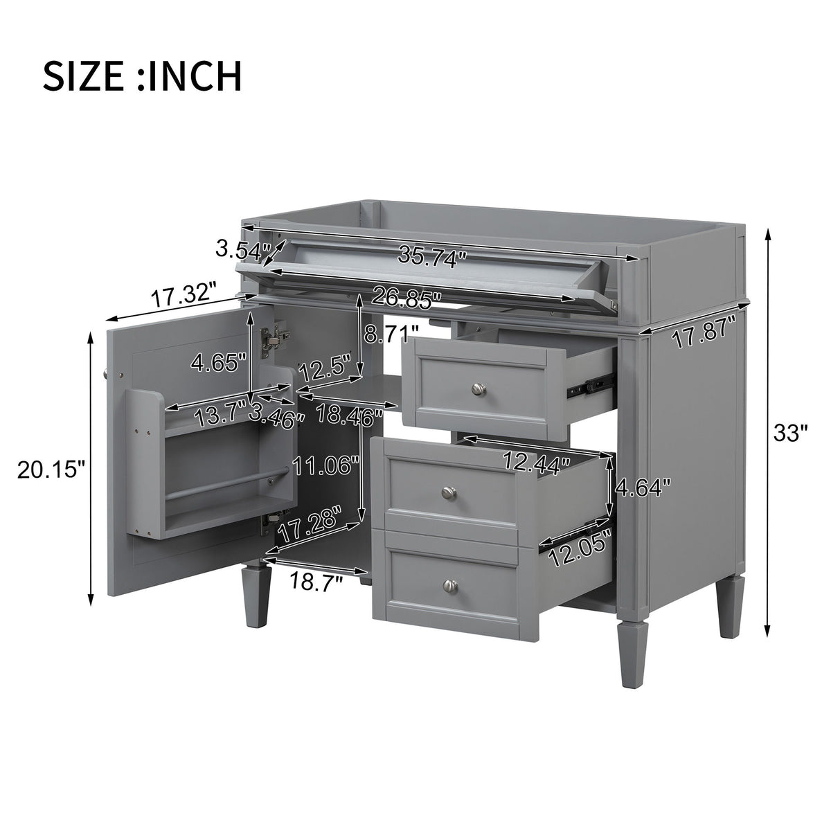 Bathroom Vanity With 2 Drawers And Tip-Out Drawer, Storage Cabinet