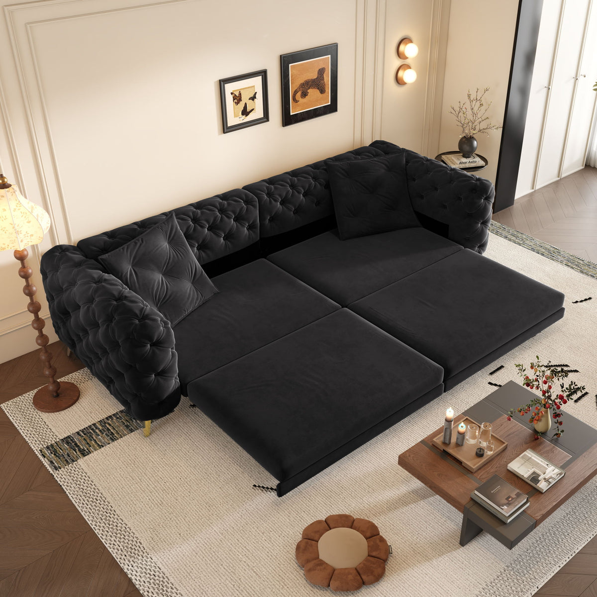 3 In 1 Convertible Sleeper, Deep Seat Pull Out Sofa Bed, Button Tufted