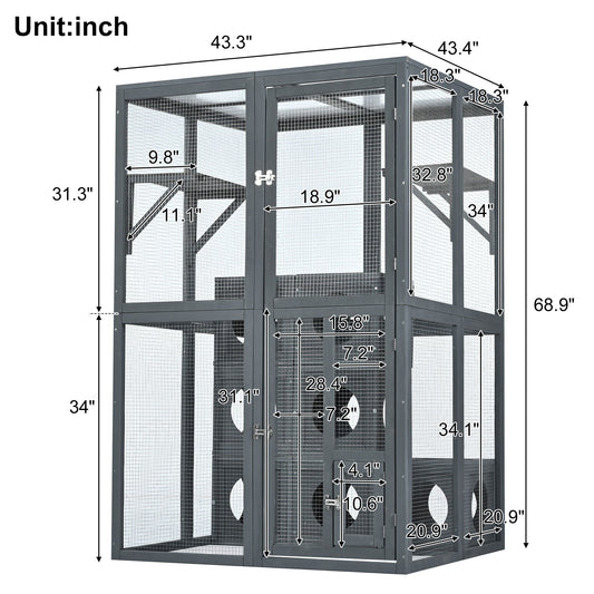 Outdoor Cat House With Shelves And Weather Protection, Removable Wood Boxes - Gray