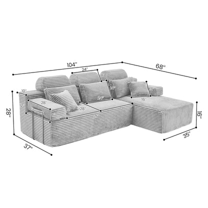 Sectional Sleeper Sofa & Storage Pockets, Modular Couch With Throw Pillows For Living Room