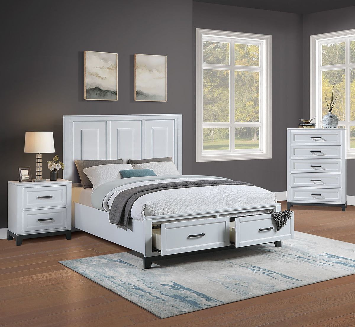3 Piece Bedroom Furniture Panel Headboard White Queen Size Bed W Underbed Drawers Nightstands Chest Gray