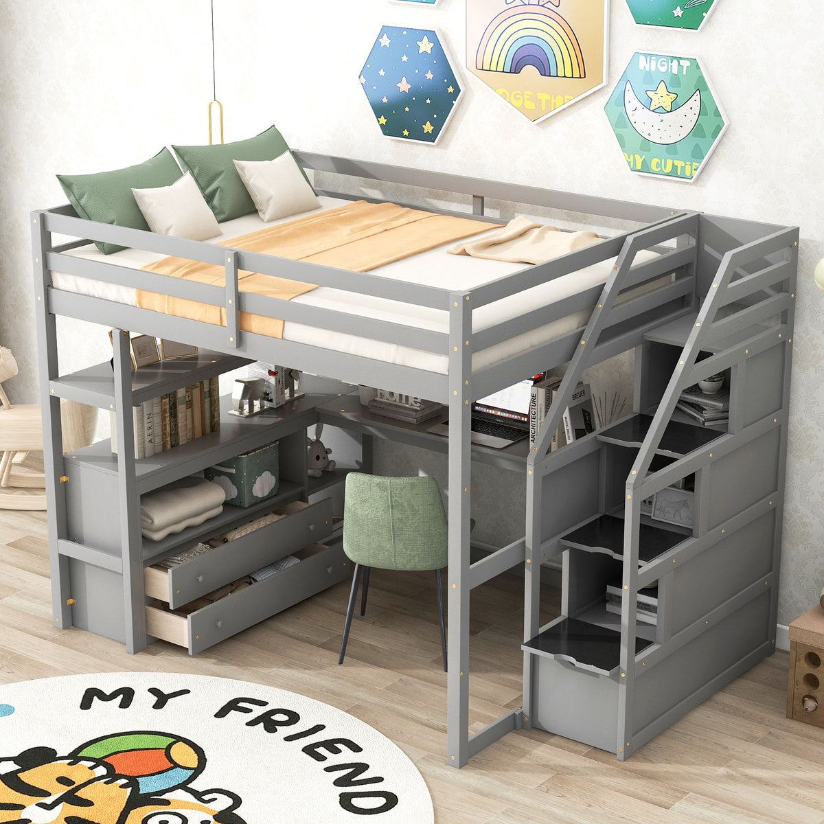 Loft Bed With Desk, Shelves, 2 Drawers, Storage Staircase