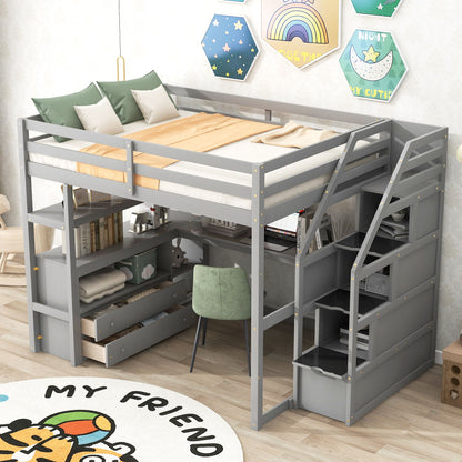 Loft Bed With Desk, Shelves, 2 Drawers, Storage Staircase