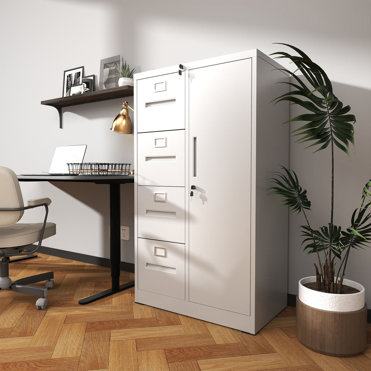 Metal Storage Vertical Filing Cabinet With Lock, 4 Drawers, 1 Door, Steel Construction, School / Office Use