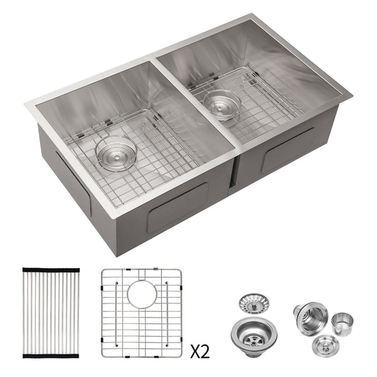 16 Gauge Undermount Double Bowl Kitchen Sink With 9" Deep Bowls - Brushed Nickel