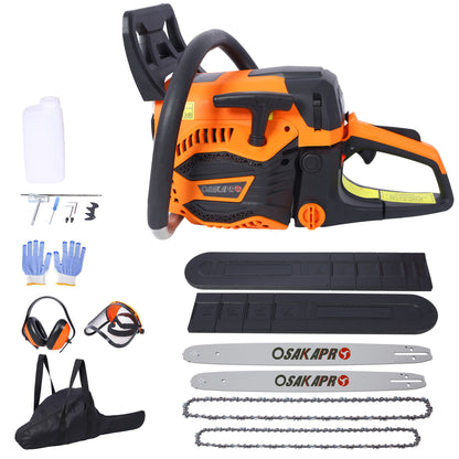 62Cc Gas Powered Chainsaw 2 Cycle Handheld Cordless Chain Saw Aluminium 18" And 20" Guide Bar - Orange