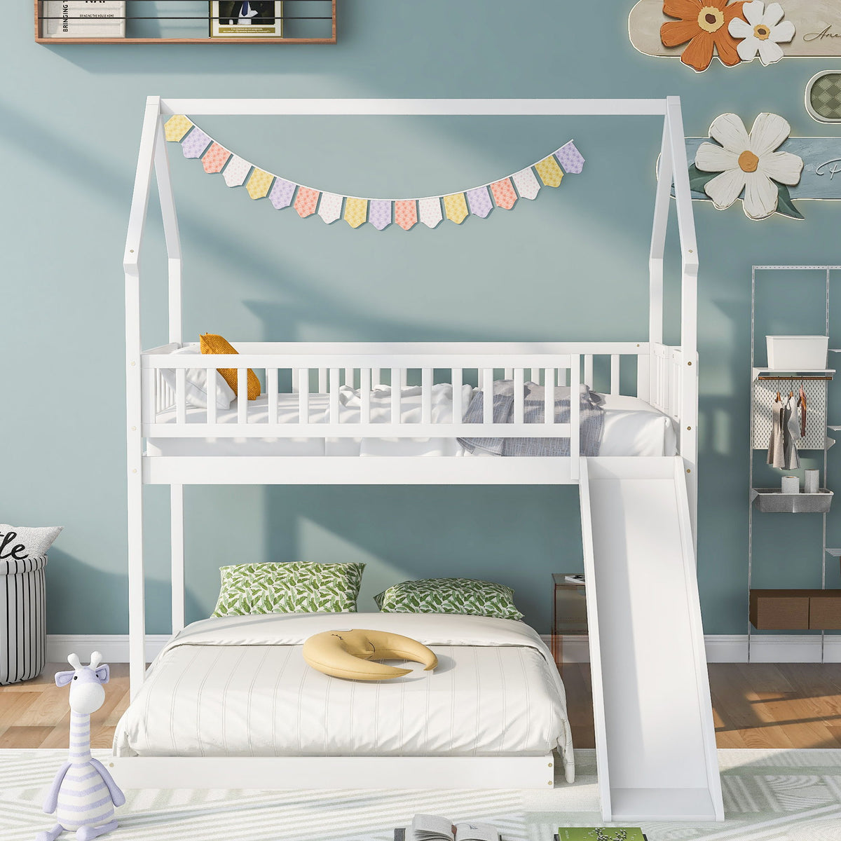 House Bunk Bed With Slide And Built In Ladder