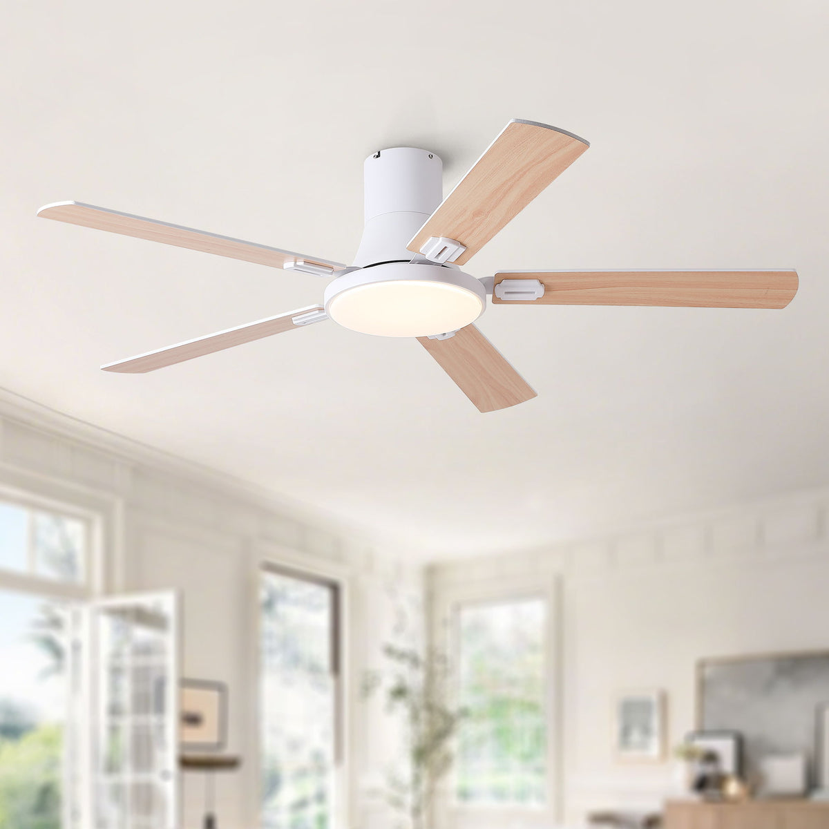 Flush Mount Ceiling Fans With LED Light And Remote Control, 5 Blades