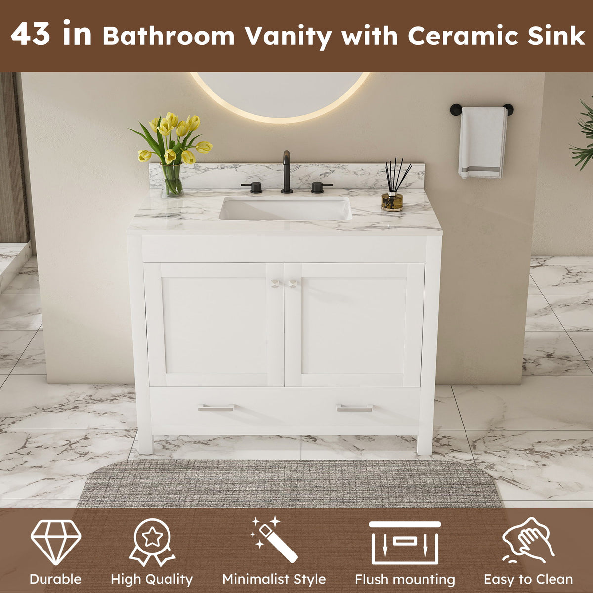 43" Bathroom Vanity Multi Functional Cabinet - White