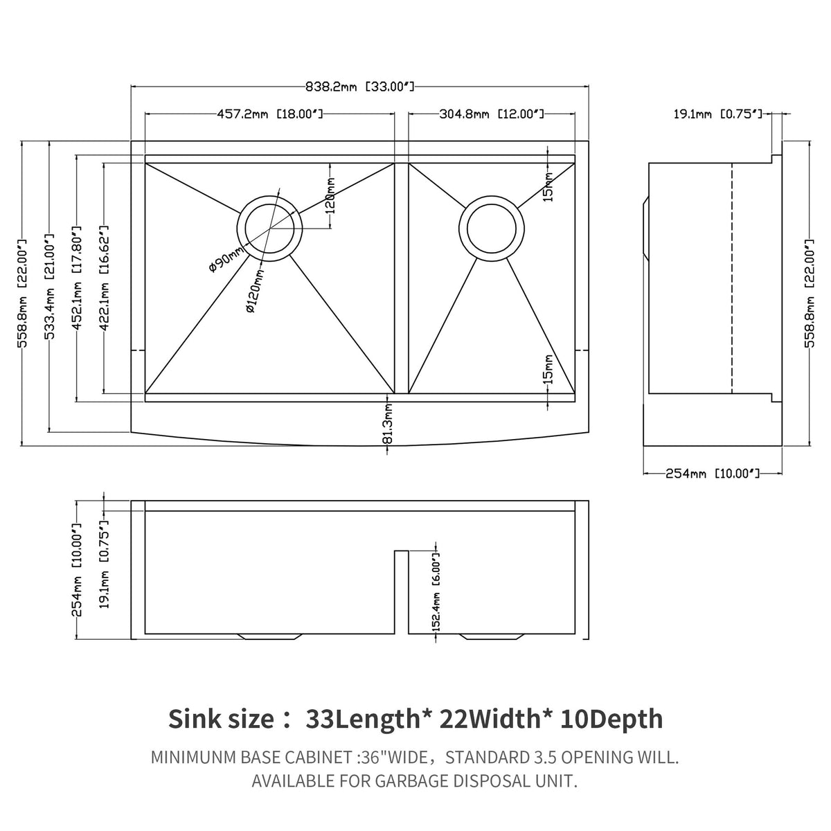 Double Bowl Farmhouse Sink Workstation 33" Stainless Steel 16 Gauge Apron Front - Brushed Nickel