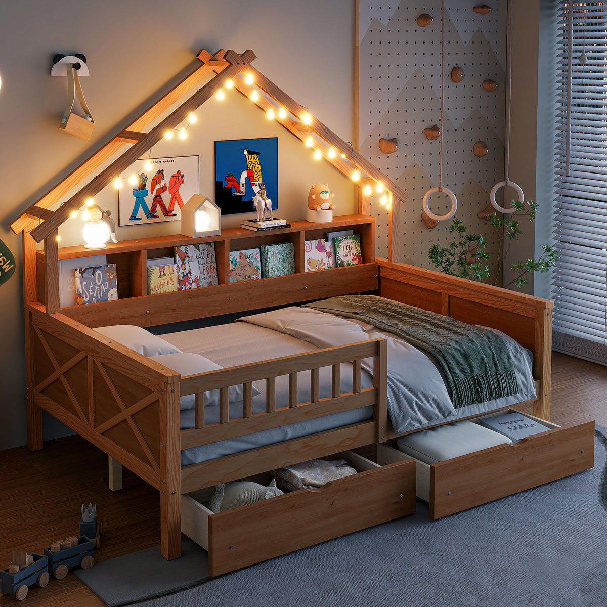 House Style Platform Bed With LED Lights, Storage Shelves, Drawers, And Guardrail