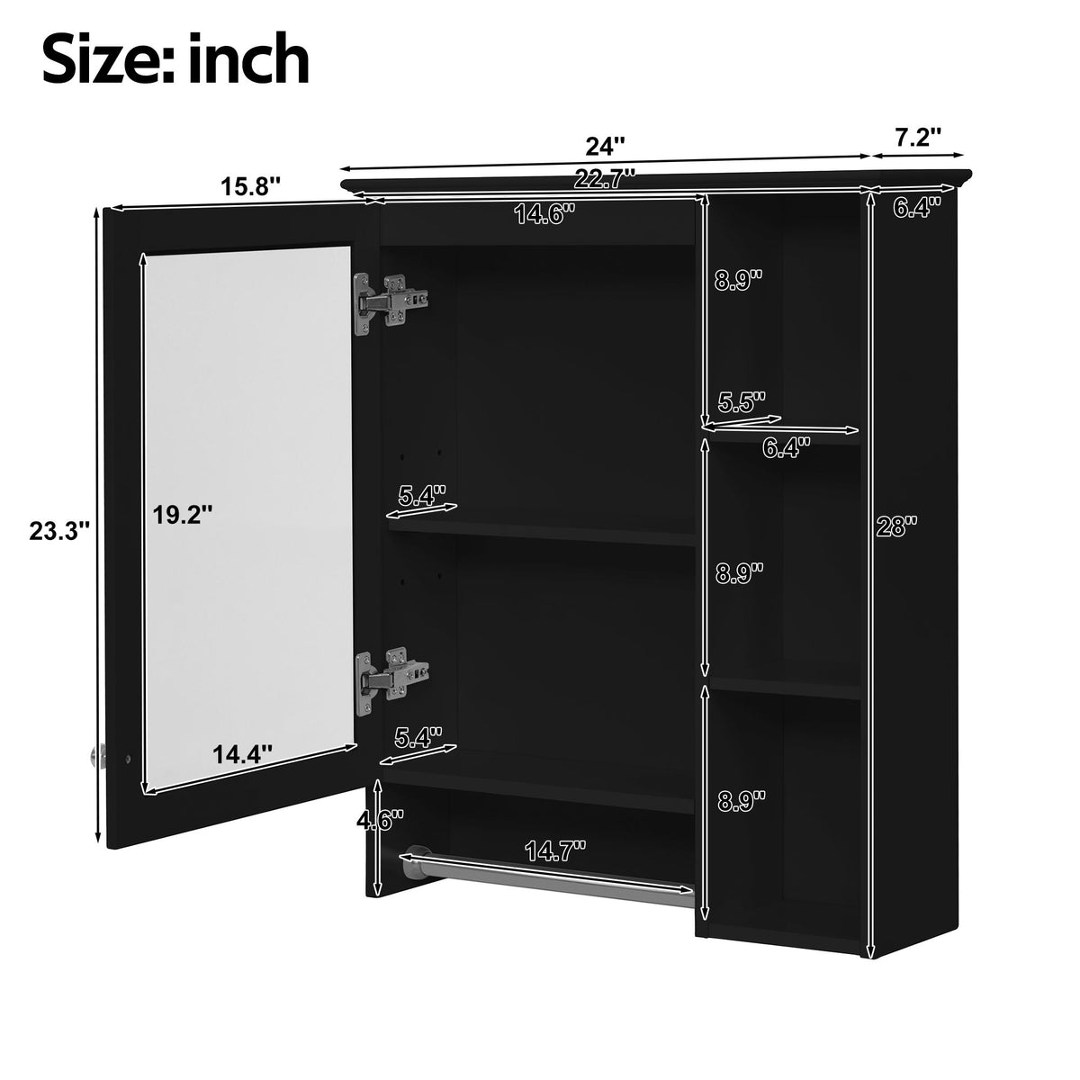 Modern 3 In 1 Bathroom Mirror Cabinet With Adjustable Shelf & Towel Bar