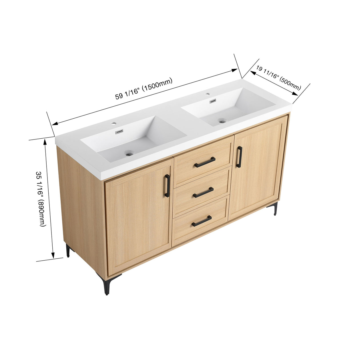 Original 60" Freestanding Bathroom Vanity With Double Resin Sink Plywood Soft Closing Doors & Drawers - Oak