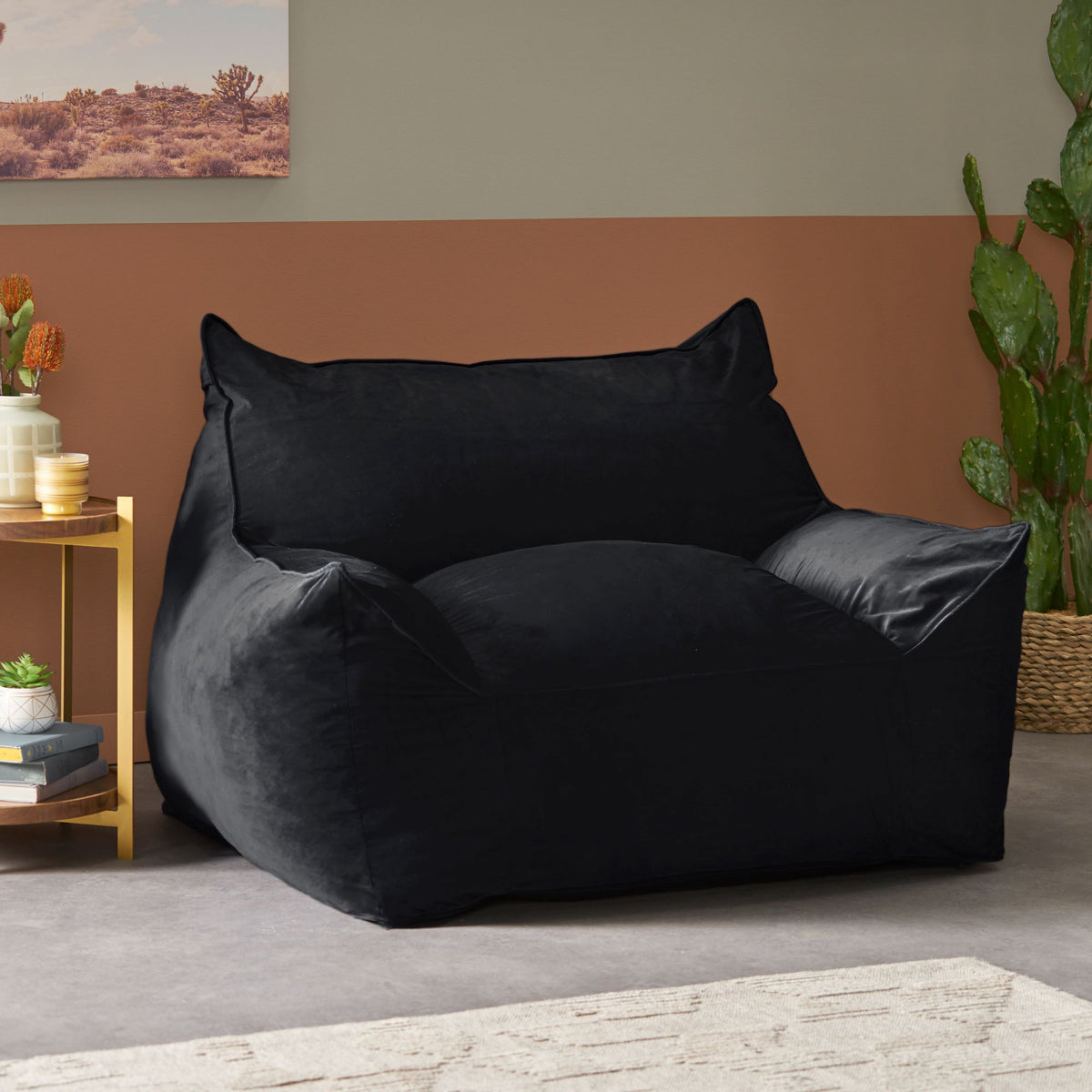 Allea - Velveteen Bean Bag Chair With Armrests - Midnight Blue