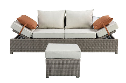 Salena - All Weather Wicker Patio Sofa & Ottoman With 2 Toss Pillows - Gray / Beige