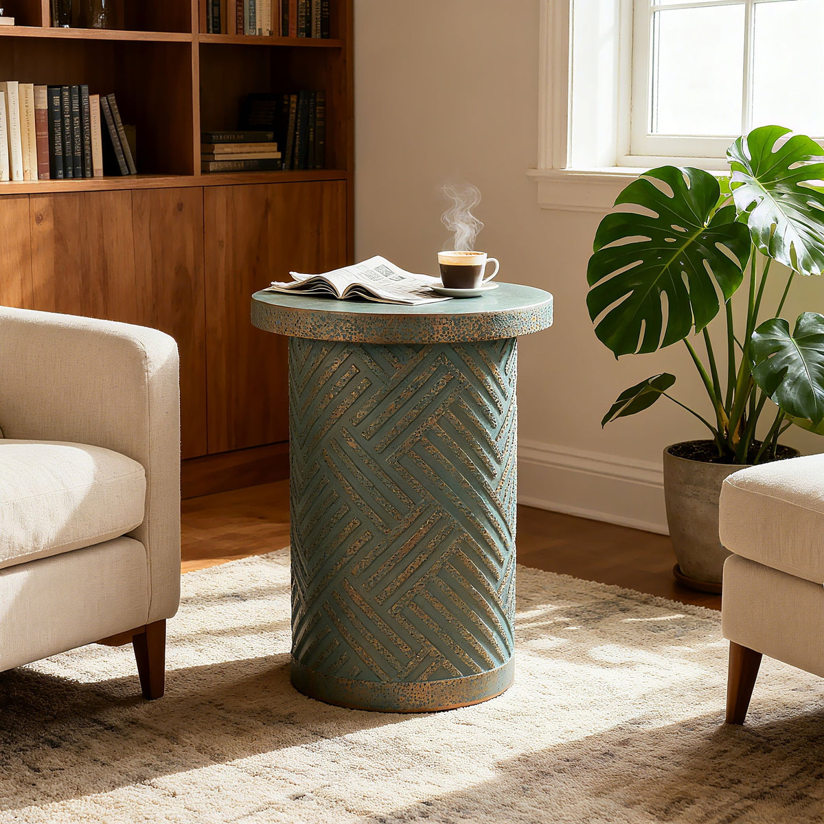 Round Outdoor End Table With Tree Stump Design For Patio - Golden / Green / Peacock