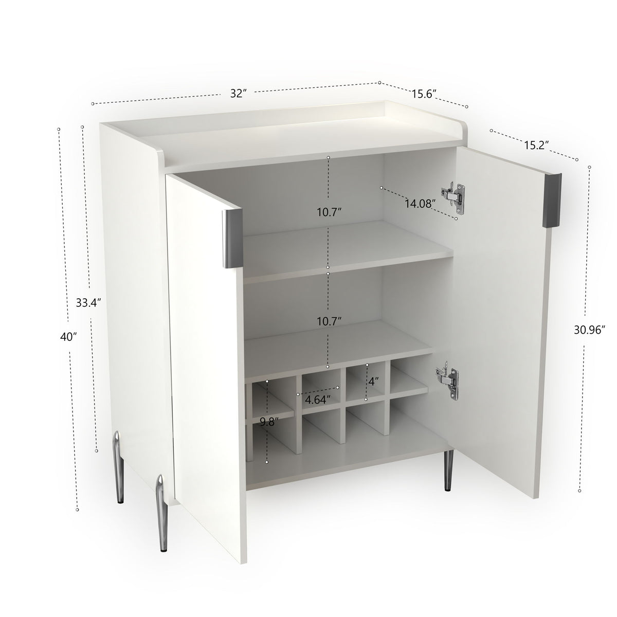 2 Door Wine Bar Cabinet With Adjustable Shelf, Soft-Closing Hinges, And High Feet - White