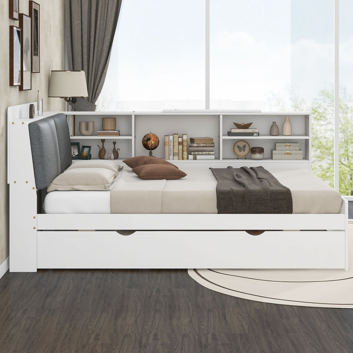 Platform Bed With Trundle, Shelves, And Storage Headboard