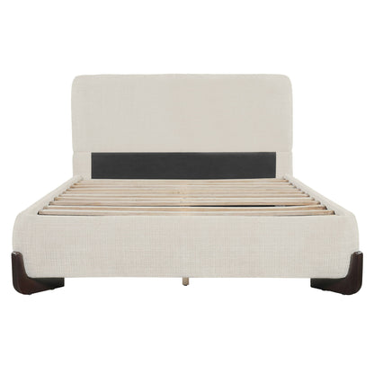 Queen Size Upholstered Bed With Slat Support - Beige