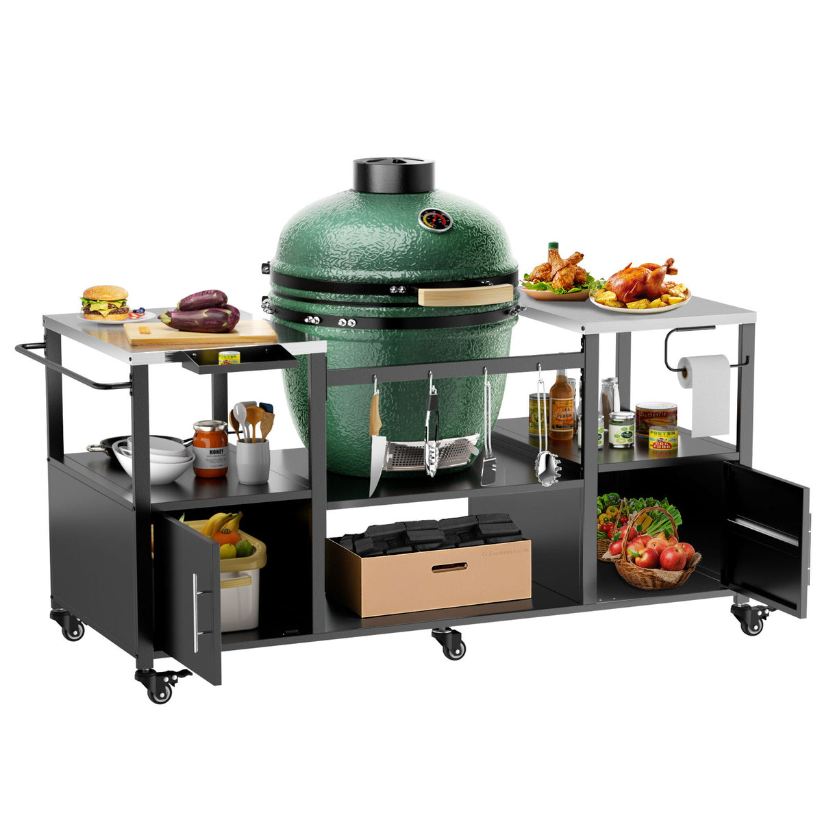 Outdoor Grill Table For Big Egg Style Bbq With Metal Grill Cart And Storage Box And Metal And Stainless Steel - Black / Silver