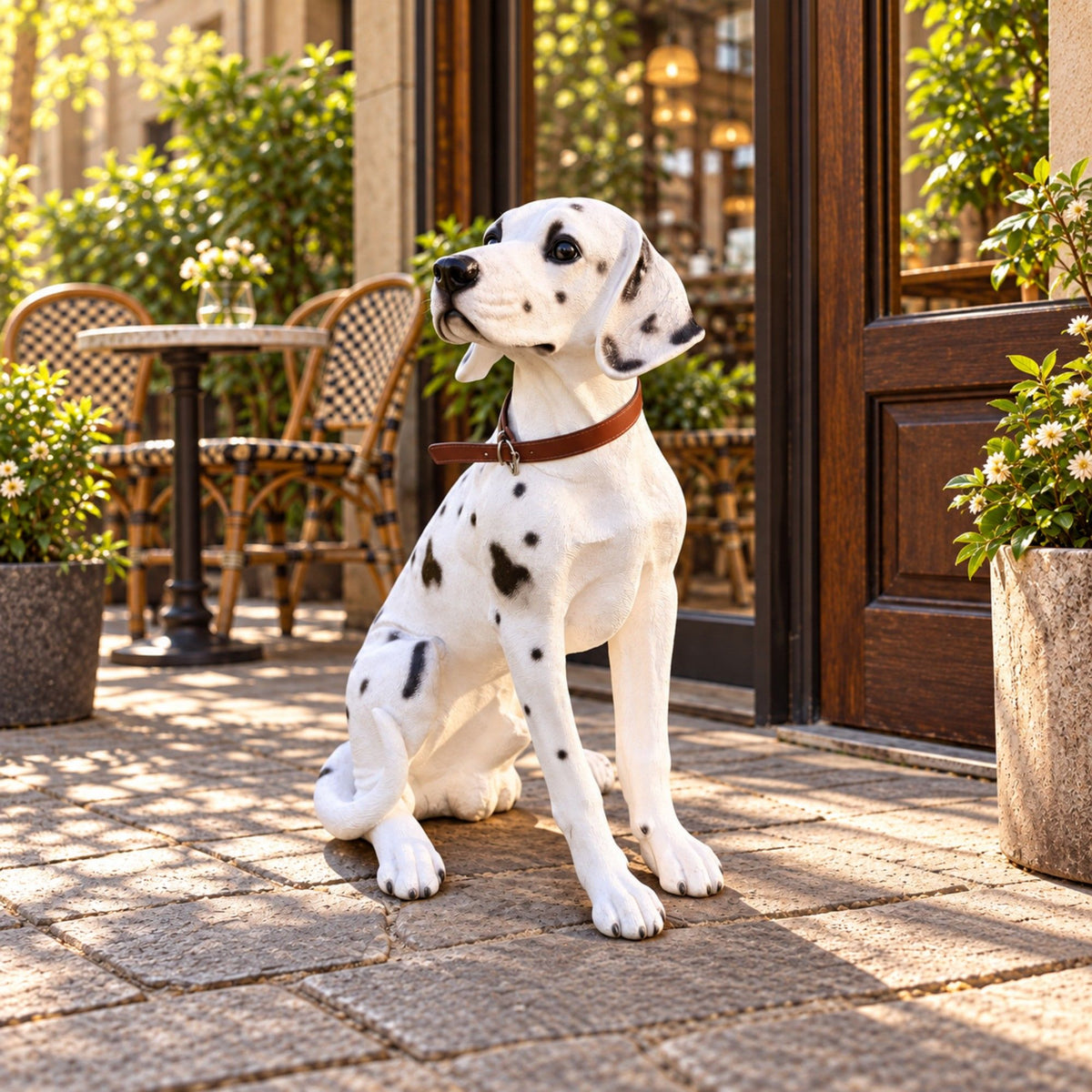 Large Dalmatian Dog Statue, Sitting Spotted Pet Sculpture For Entryway Patio - Black White