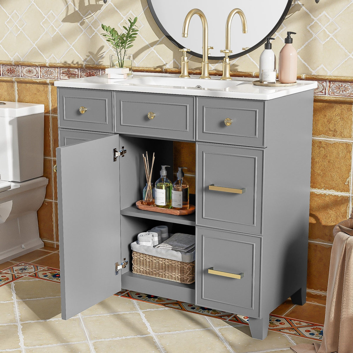 Bathroom Vanity With Ceramic Sink, Soft Close Doors, Adjustable Shelves