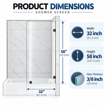Frameless Bathtub Shower Screen, Reversible Installation