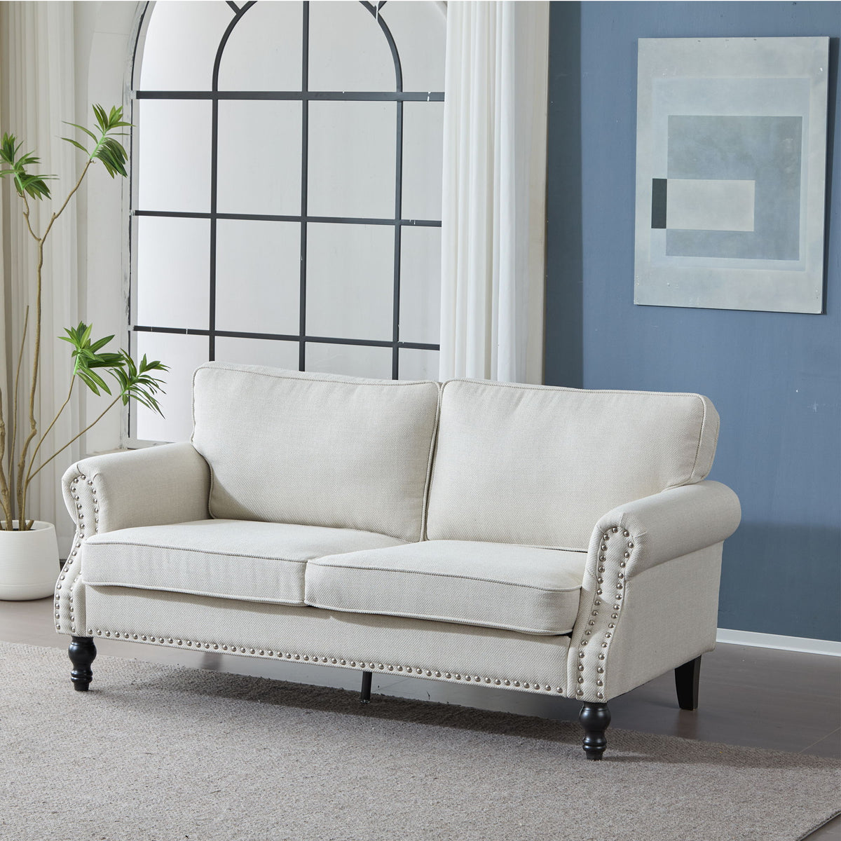 Rolled Arm Sofa With Nailhead Trim With Wooden Legs