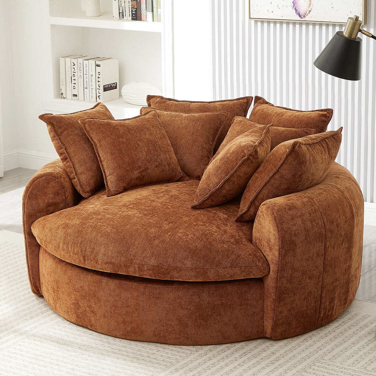 Boneless Round Chaise Sofa With Dual Layer Cushions And 8 Throw Pillows - Orange