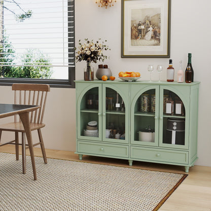 Green Arched Glass Sideboard Buffet Cabinet, 2 Drawers & 4 Glass Doors Storage Credenza, Display Cabinet With Adjustable Shelves, Modern Kitchen Cupboard For Dining Room Living Room Entryway