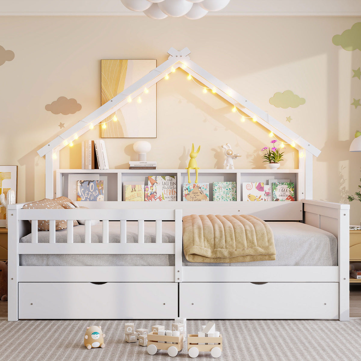 House Style Platform Bed With LED Lights, Storage Shelves, Drawers, And Guardrail