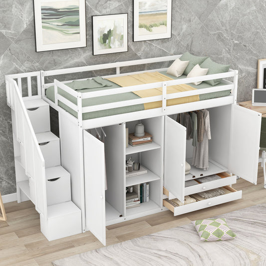 Loft Bed With 3 Shelves, 2 Wardrobes, 2 Drawers, Ladder Storage