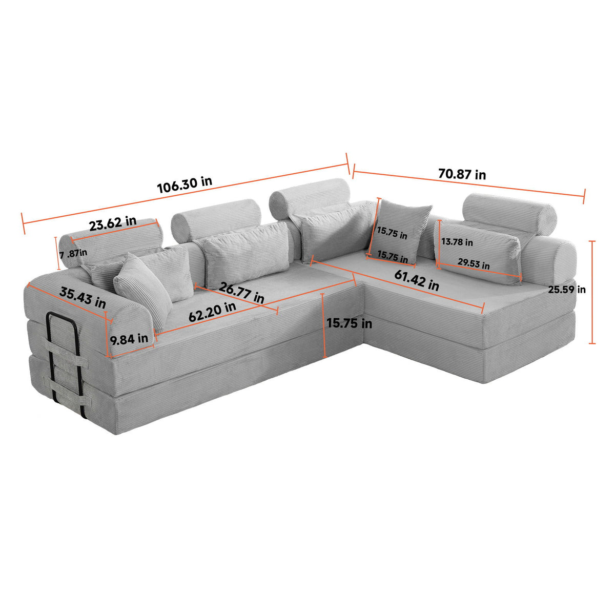 Modern L-Shape Modular Sectional Sofa, Compressed Design
