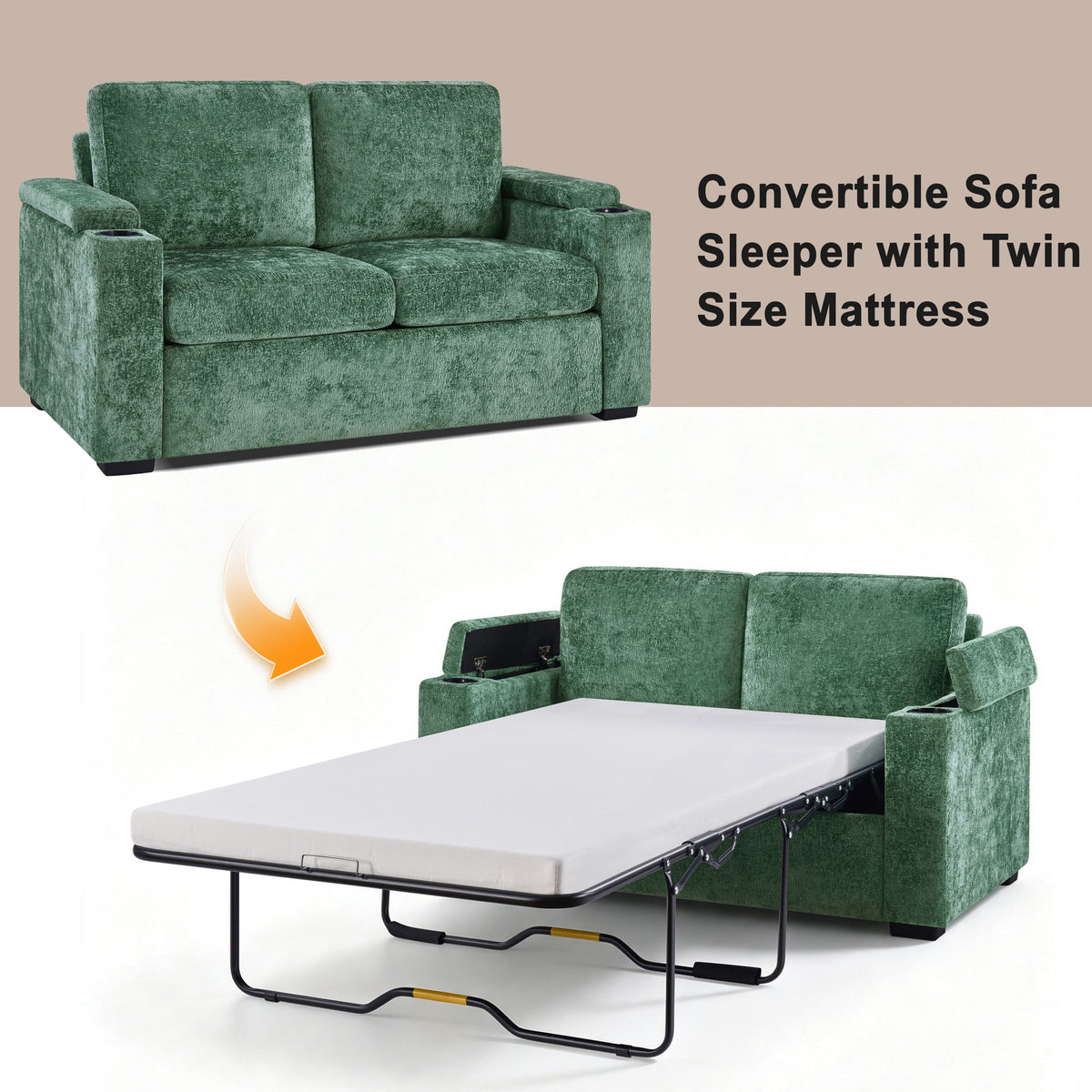 Pull Out Sofa Bed Loveseat With Twin Mattress, Cup Holders And Arm Storage