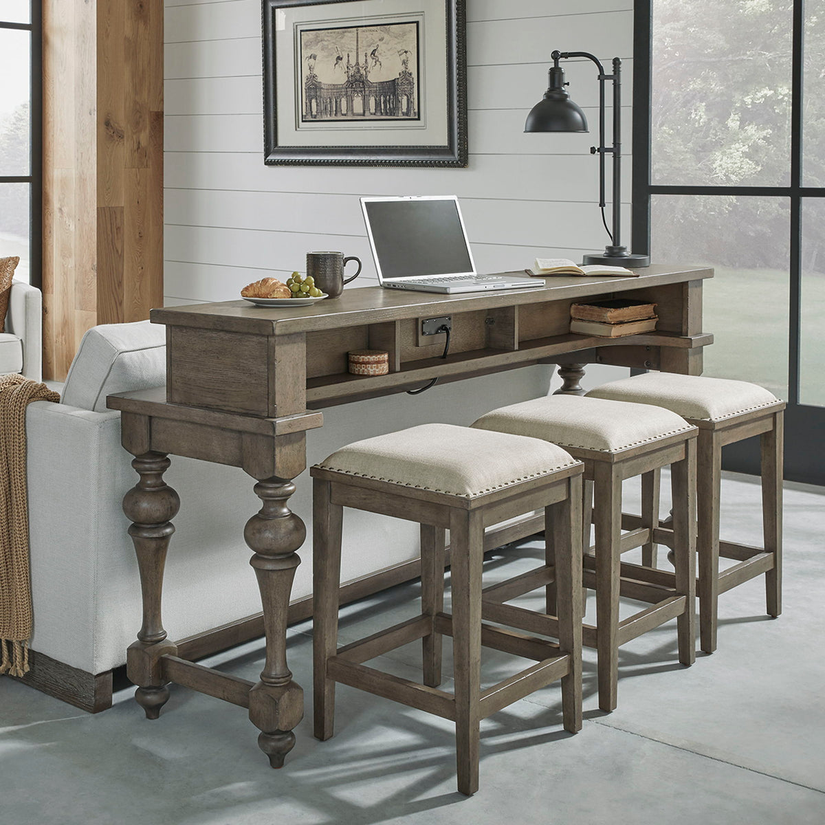 Americana Farmhouse - 4 Piece Console Set (Console 3 Stools) - Dusty Taupe