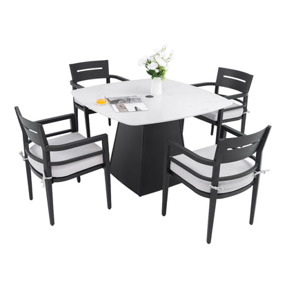 Outdoor Patio Dining Set, Squircle Dining Table, Dining Chairs With Sunbrella Cushions