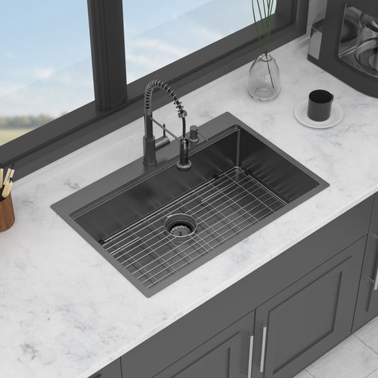 Drop In Workstation Sink Topmount Single Bowl With Pull Out Faucet And Soap Dispenser - Gunmetal Black