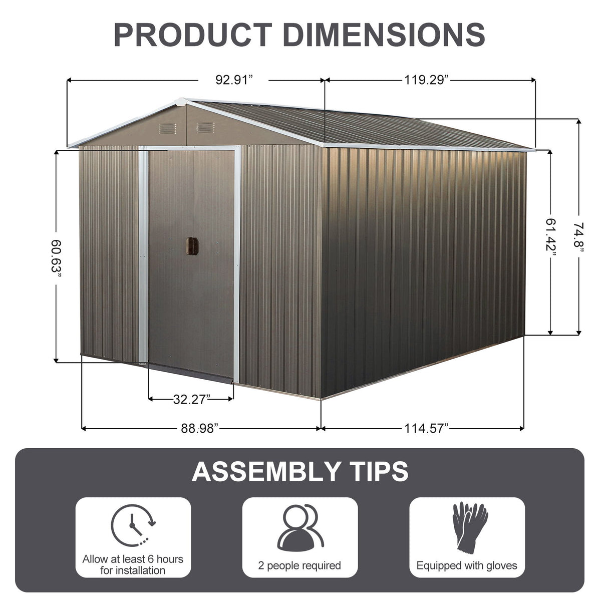 8X10Ft Outdoor Metal Storage Shed - Gray