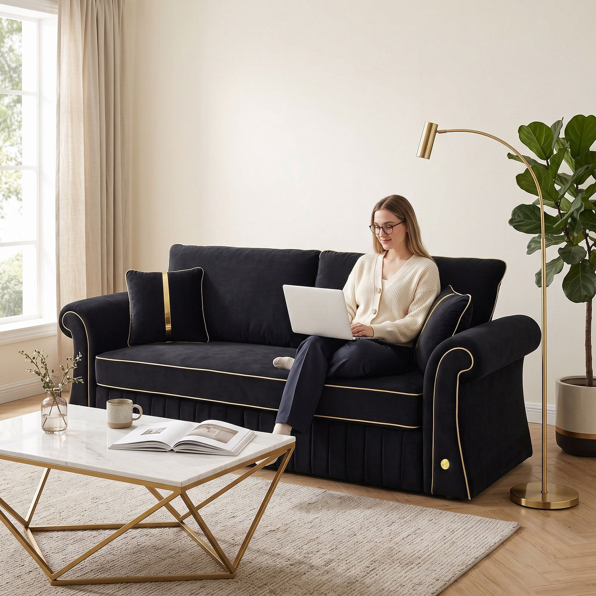 Sofa With Rolled Arms, 3 Seater Couch, Living Room Accent