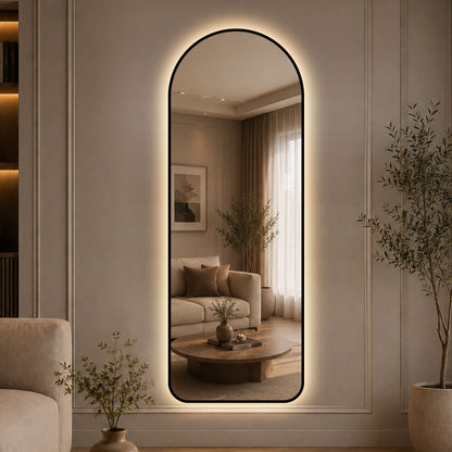 65" X 24" Arched LED Full Length Mirror With Frame, 3 Color Temperatures & Stepless Dimming - Black
