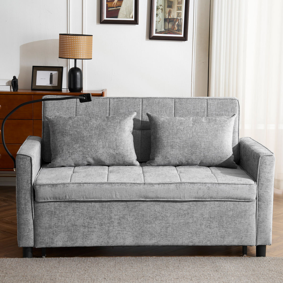 Pull-Out Sleeper Sofa With Reversible Backrest Cushion, Side Pockets, 2 USB Ports And A Phone Holder For Living Room
