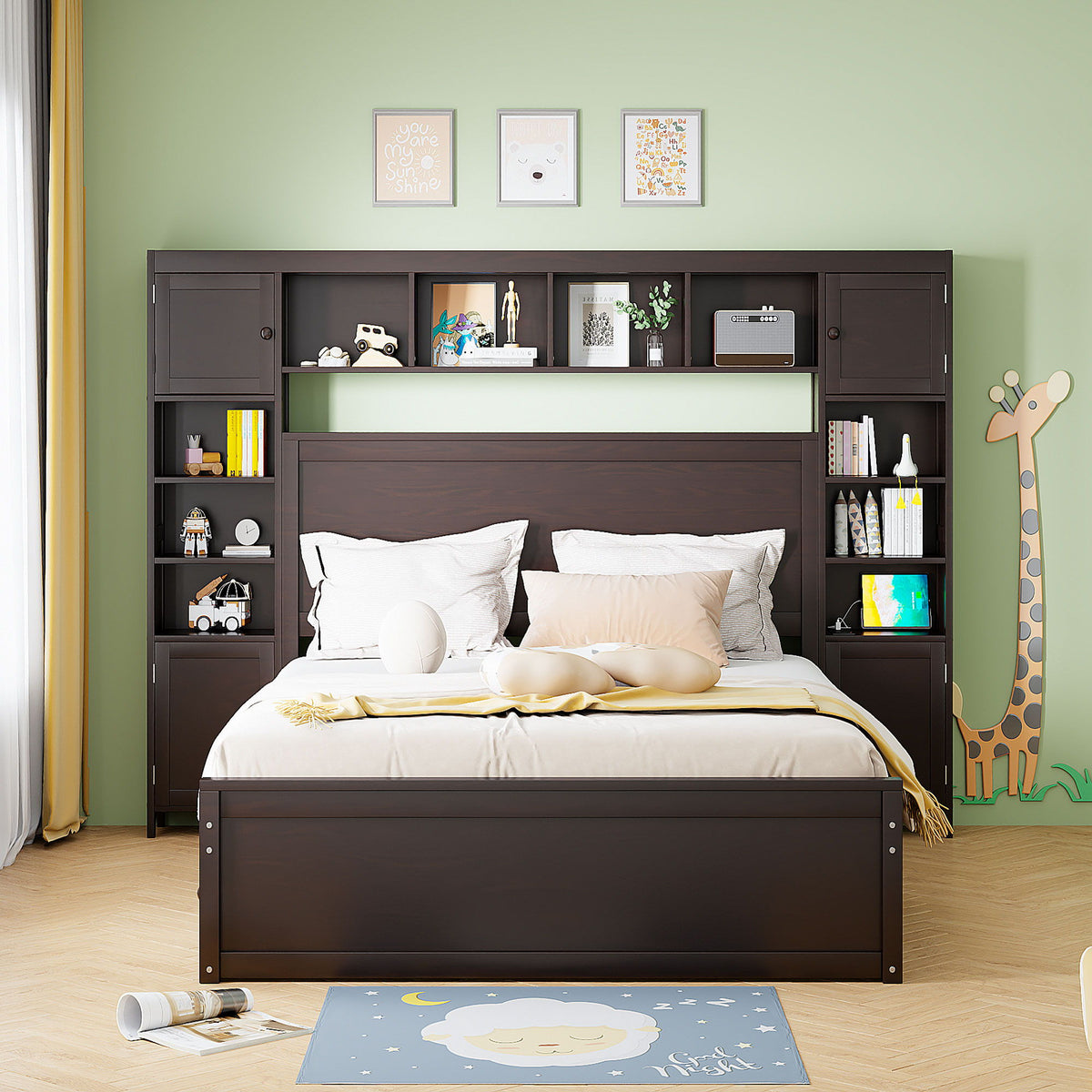 Bed With All In One Cabinet, Shelf And Sockets, Twin Long Trundle