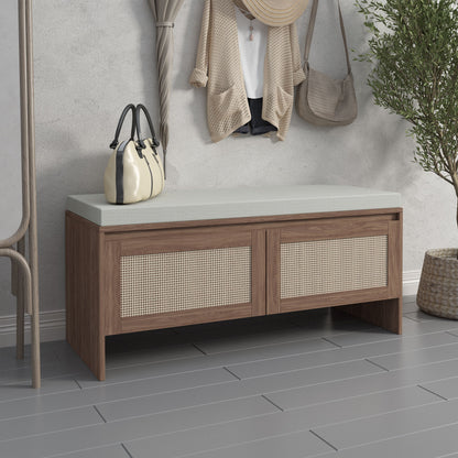 Storage Bench With Cushion, Shoe Cabinet With 2 Doors - Antique Natural / Rattan