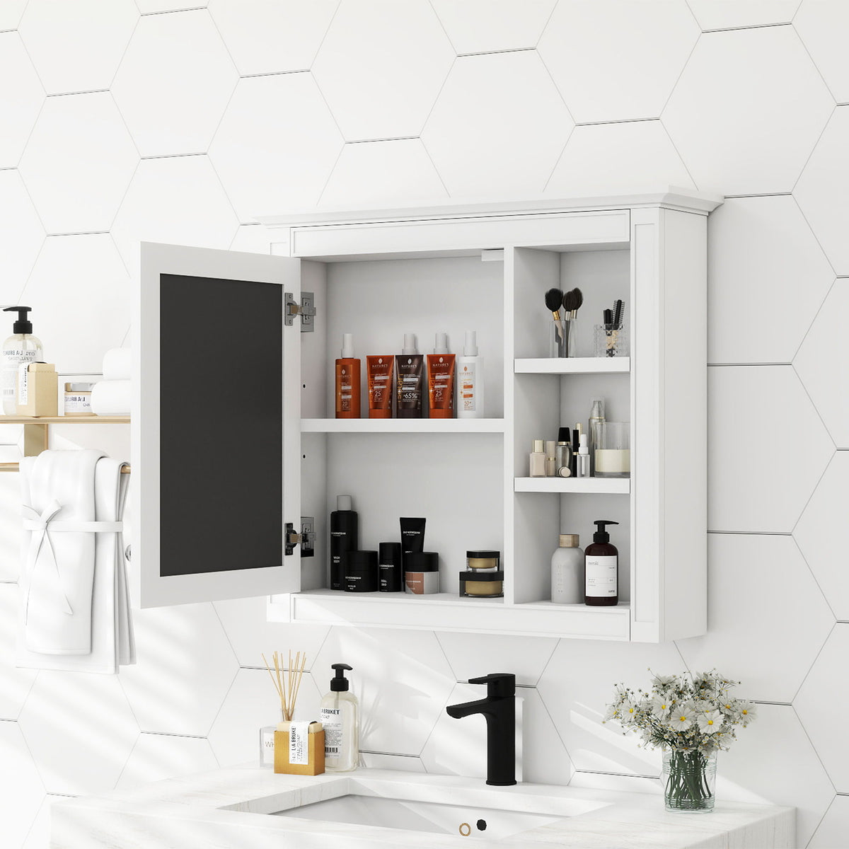 Wall Mounted Medicine Cabinet With Mirror And 3 Open Shelves